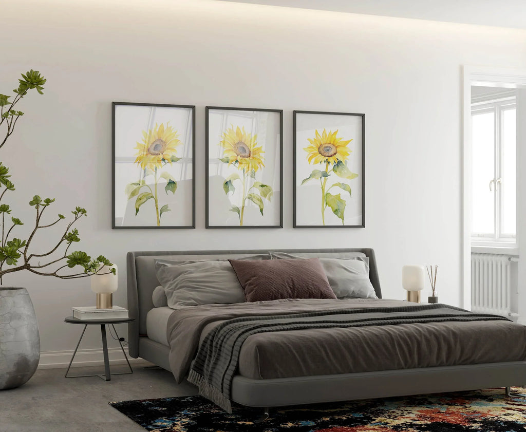 Watercolor sunflower painting triptych set of 3 yellow floral wall art unframed 12x12 inch 30x30 cm