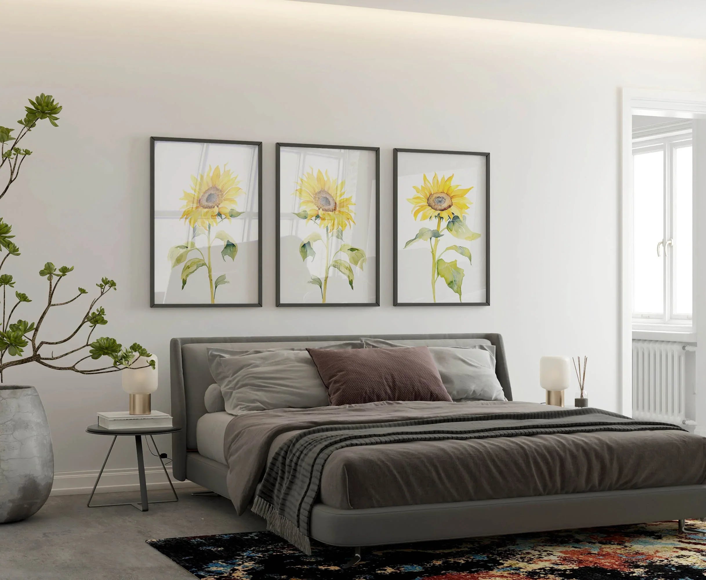 Watercolor sunflower painting triptych set of 3 yellow floral wall art unframed 12x12 inch 30x30 cm