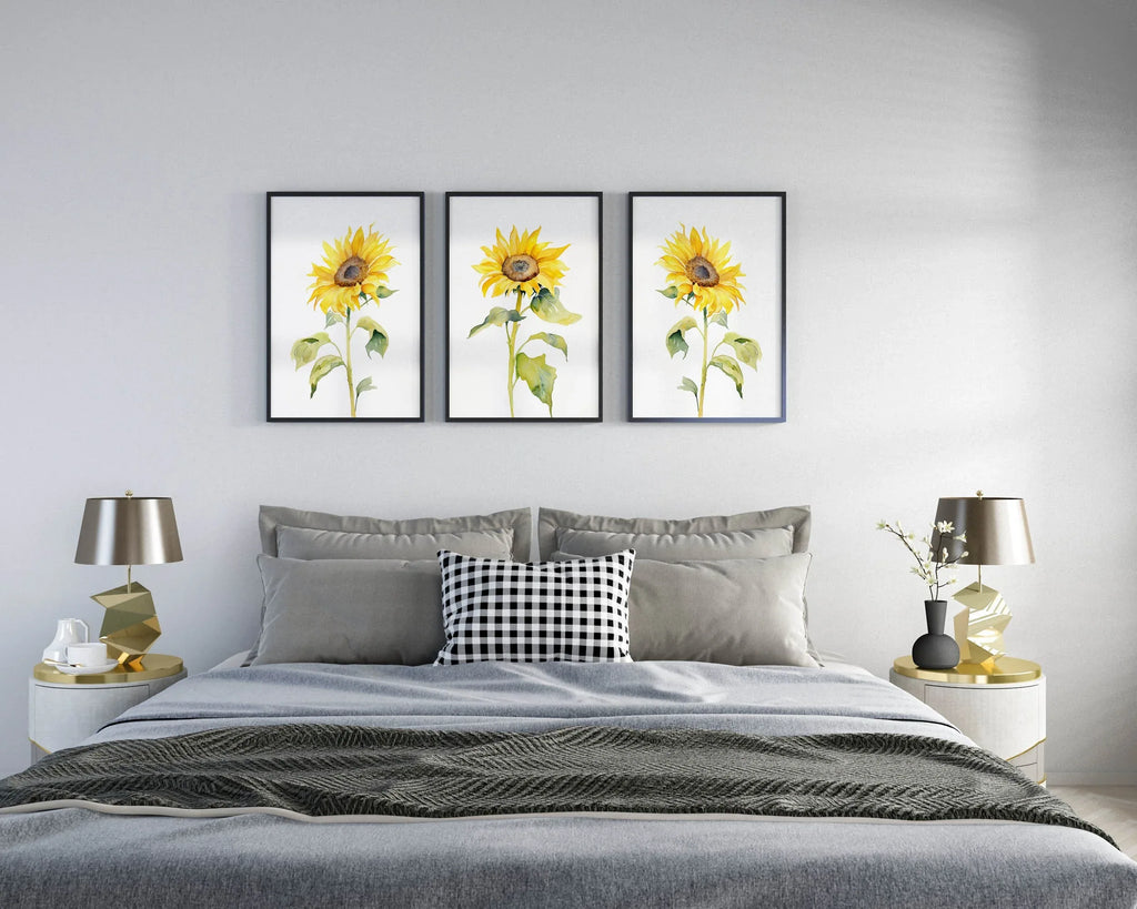 Watercolor sunflower painting triptych set of 3 yellow floral wall art in dark wood frame 12x18 i...