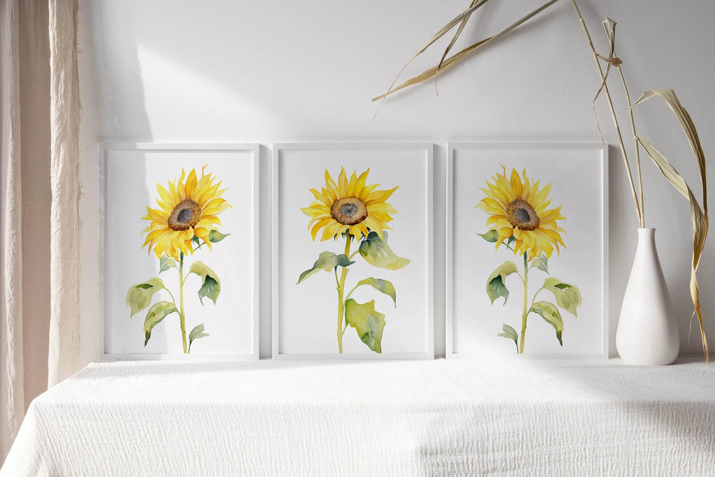 Watercolor sunflower painting triptych set of 3 yellow floral wall art in natural wood frame 12x1...