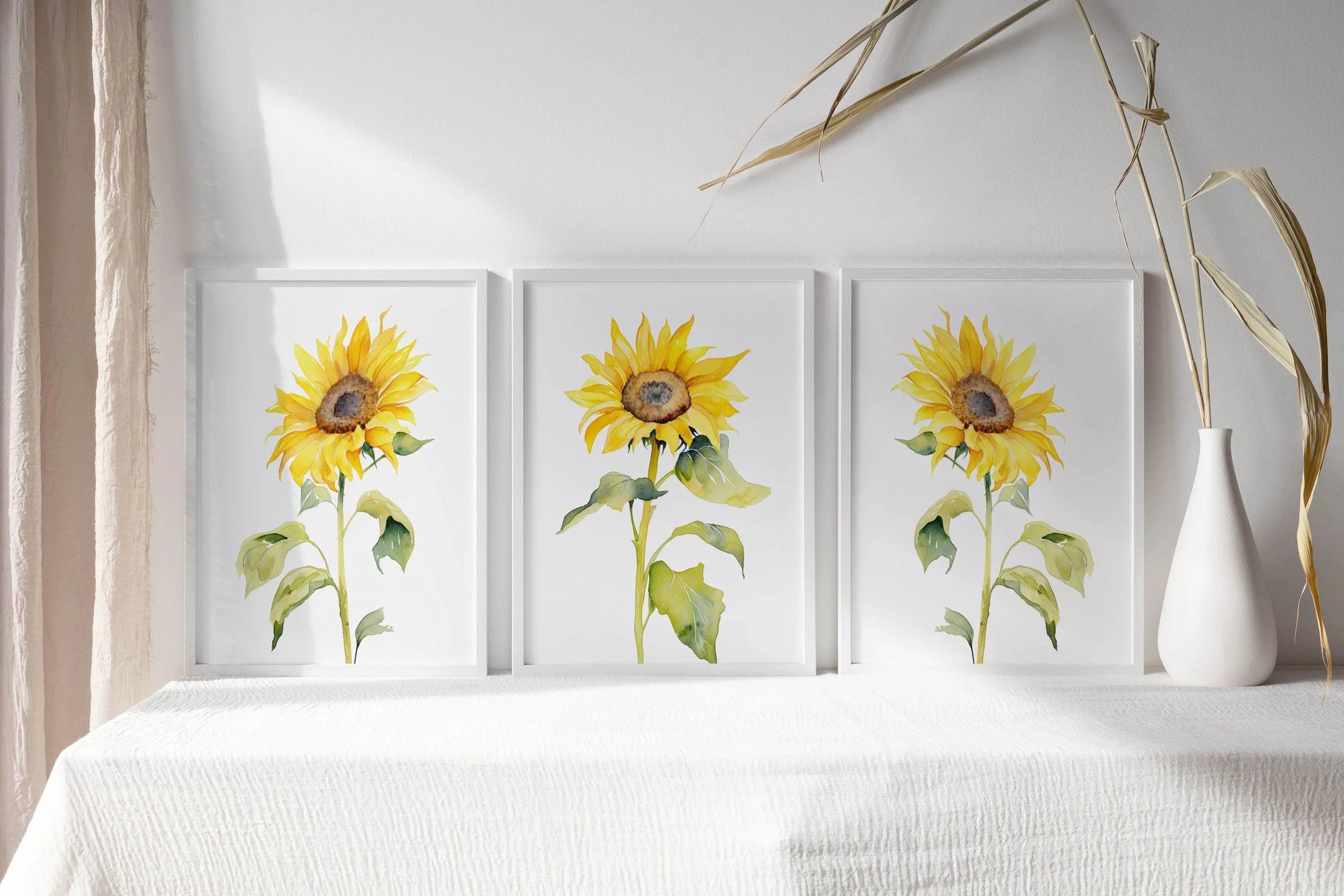 Watercolor sunflower painting triptych set of 3 yellow floral wall art in natural wood frame 12x1...
