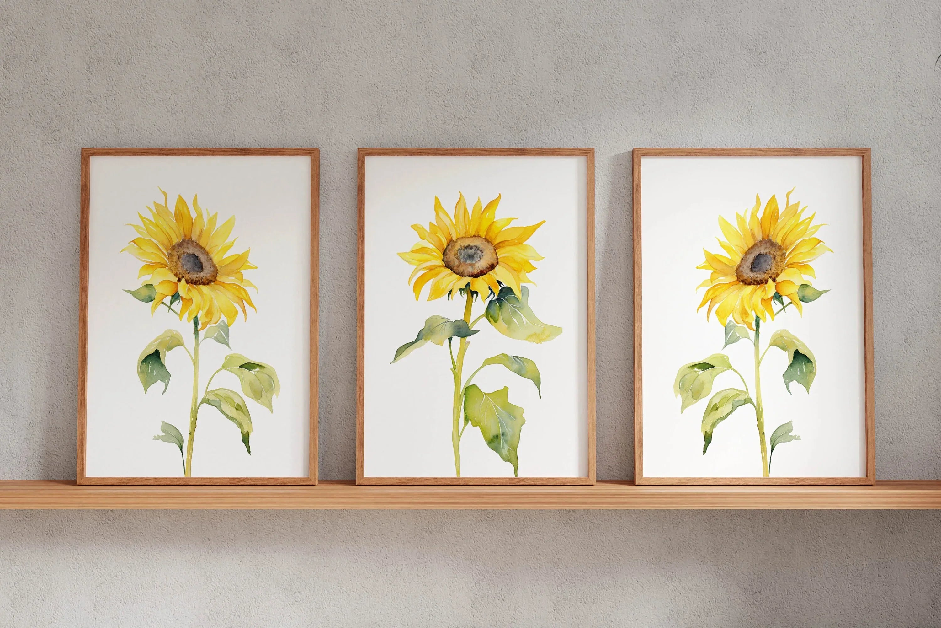 Watercolor sunflower painting triptych set of 3 yellow floral wall art unframed 12x18 inch 30x45 cm