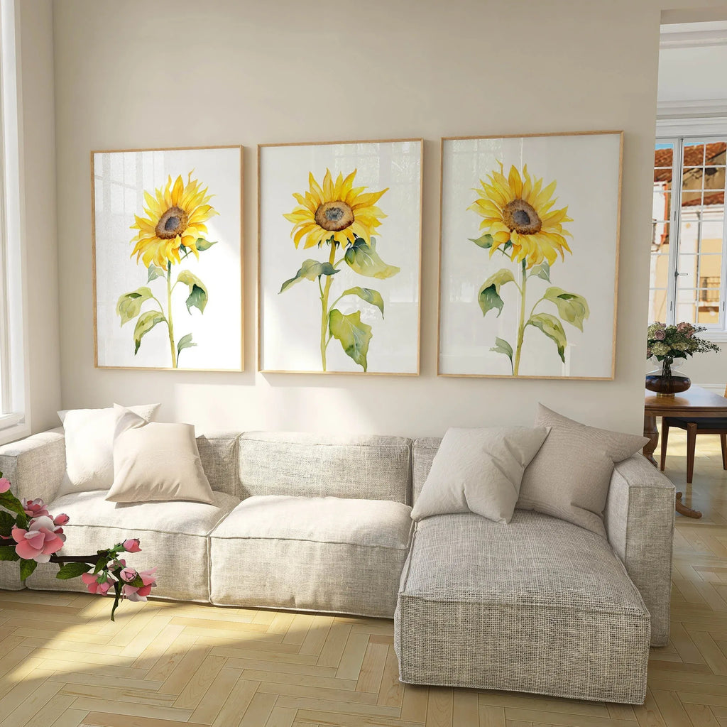 Watercolor sunflower painting triptych set of 3 yellow floral wall art in natural wood frame 12x1...