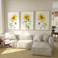 Watercolor sunflower painting triptych set of 3 yellow floral wall art in natural wood frame 12x1...