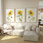 Watercolor sunflower painting triptych set of 3 yellow floral wall art in natural wood frame 12x1...