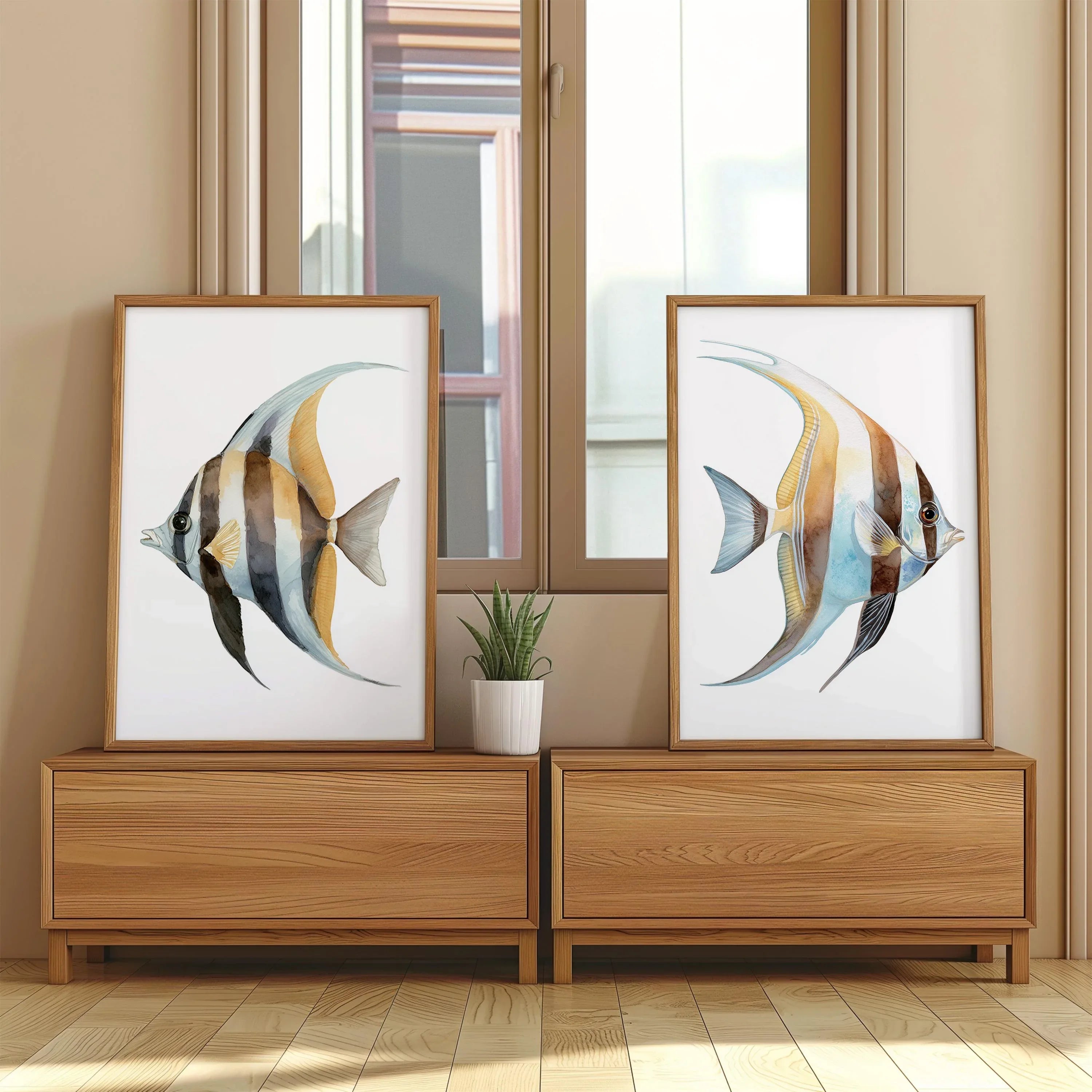 Watercolor tropical fish blue marine wall art set of 2 in black frame 12x12 inch 30x30 cm