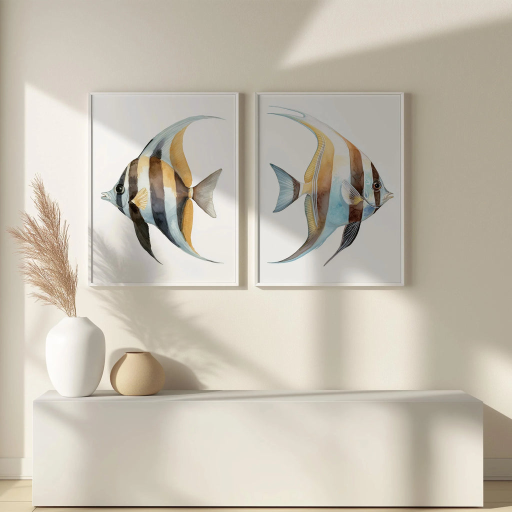 Watercolor tropical fish blue marine wall art set of 2 in dark wood frame 12x12 inch 30x30 cm