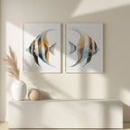 Watercolor tropical fish blue marine wall art set of 2 in dark wood frame 12x12 inch 30x30 cm