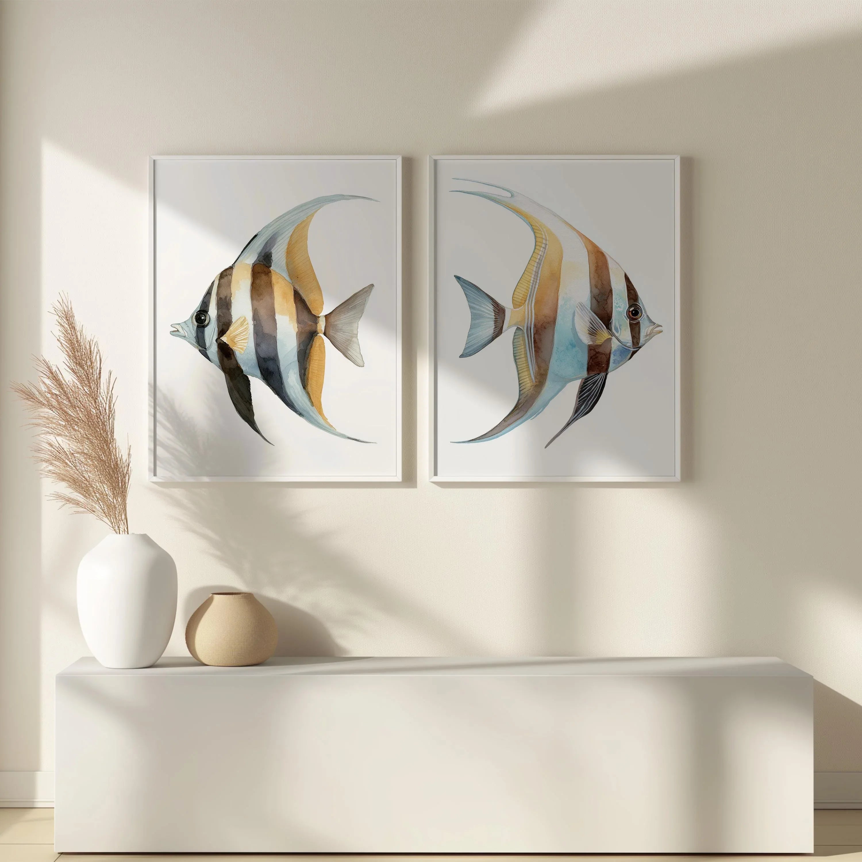 Watercolor tropical fish blue marine wall art set of 2 in dark wood frame 12x12 inch 30x30 cm