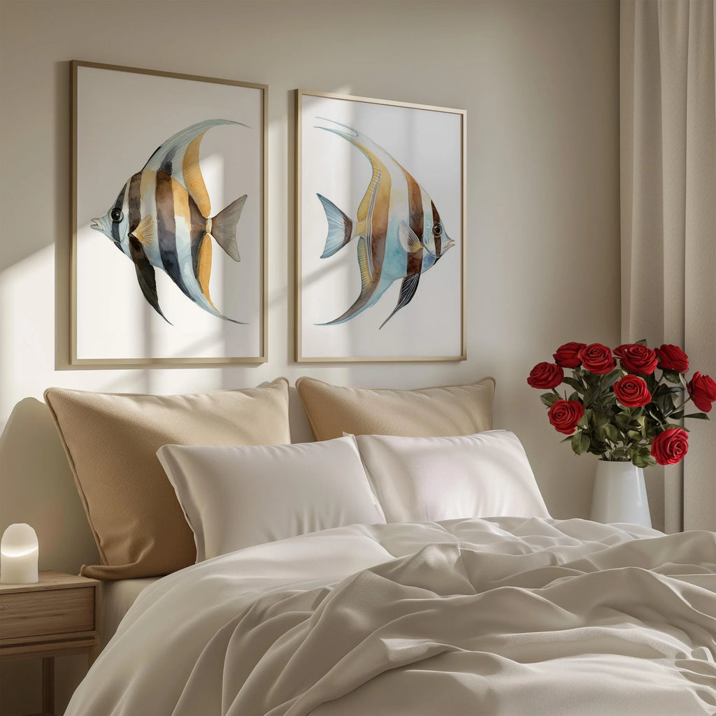 Watercolor tropical fish blue marine wall art set of 2 unframed 12x12 inch 30x30 cm