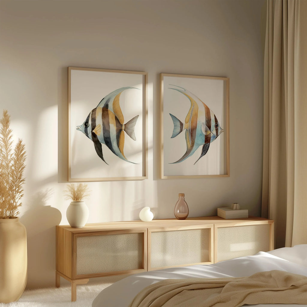 Watercolor tropical fish blue marine wall art set of 2 in white frame 12x12 inch 30x30 cm