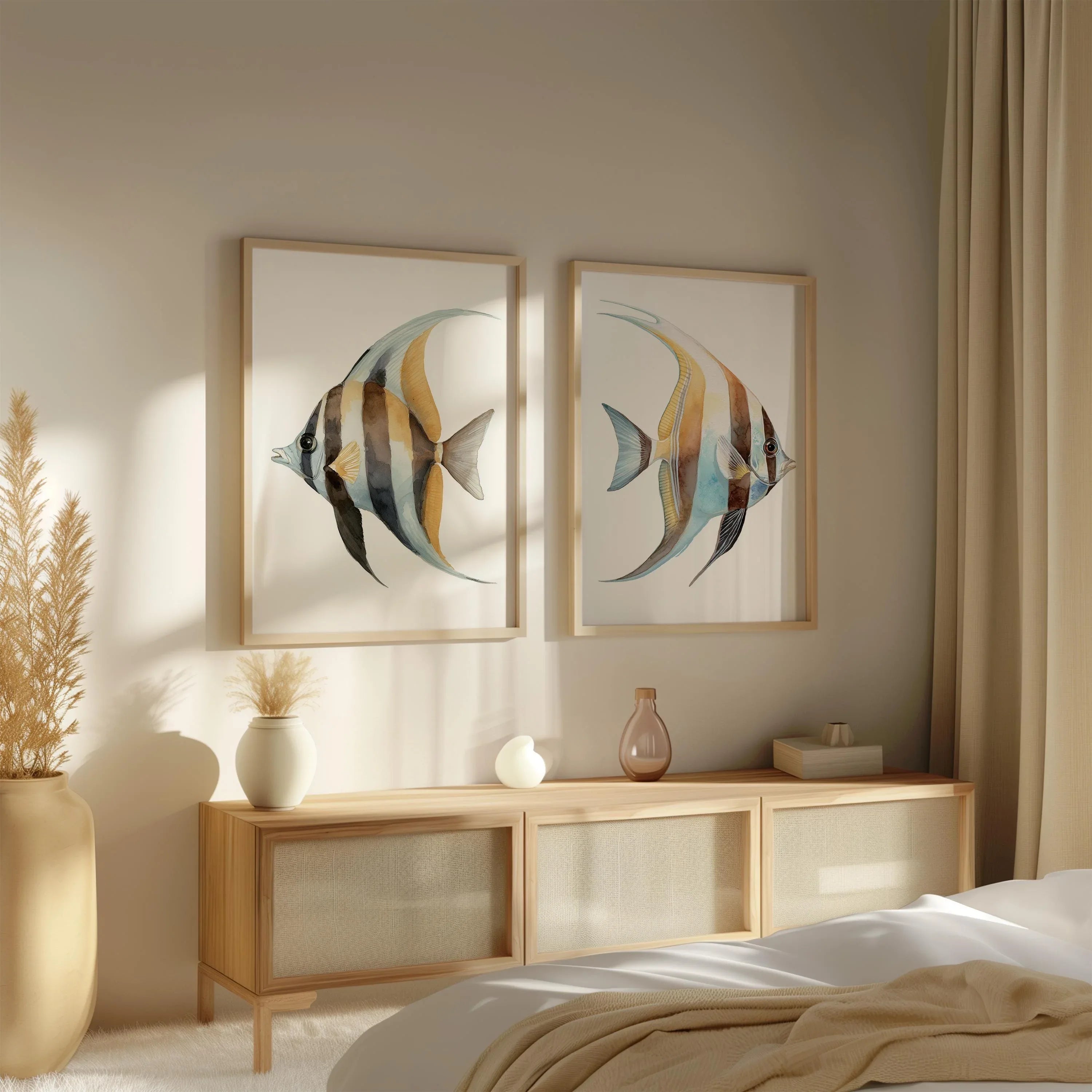 Watercolor tropical fish blue marine wall art set of 2 in white frame 12x12 inch 30x30 cm