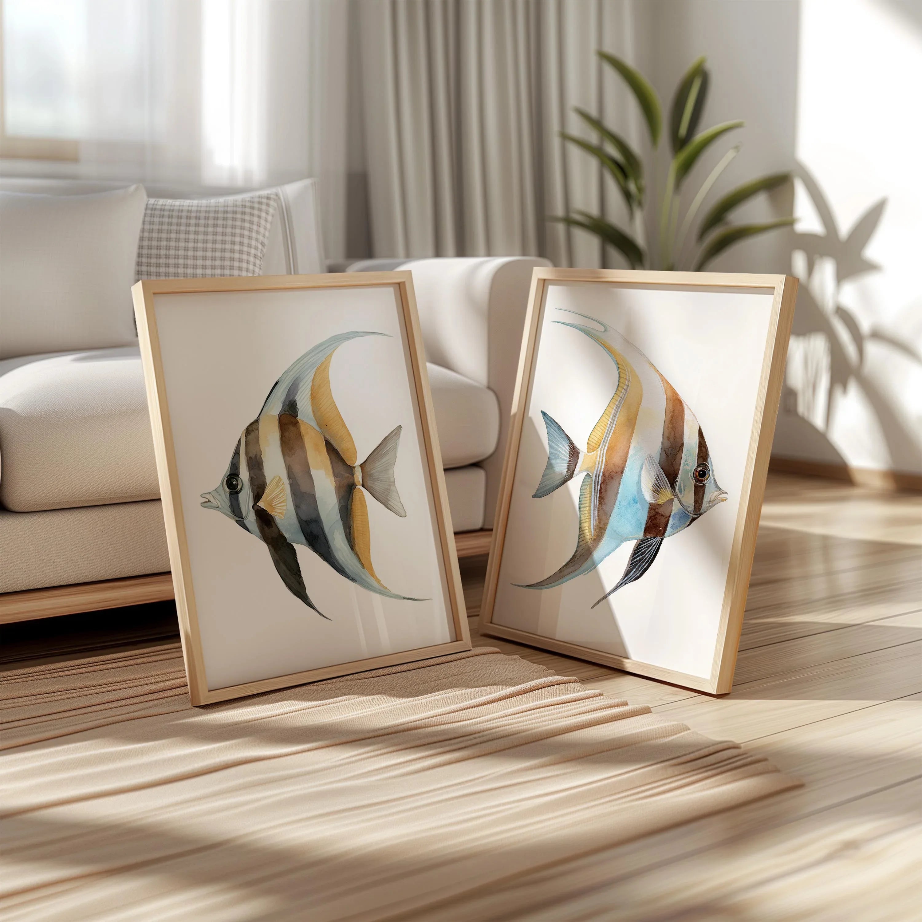 Watercolor tropical fish blue marine wall art set of 2 in black frame 12x18 inch 30x45 cm