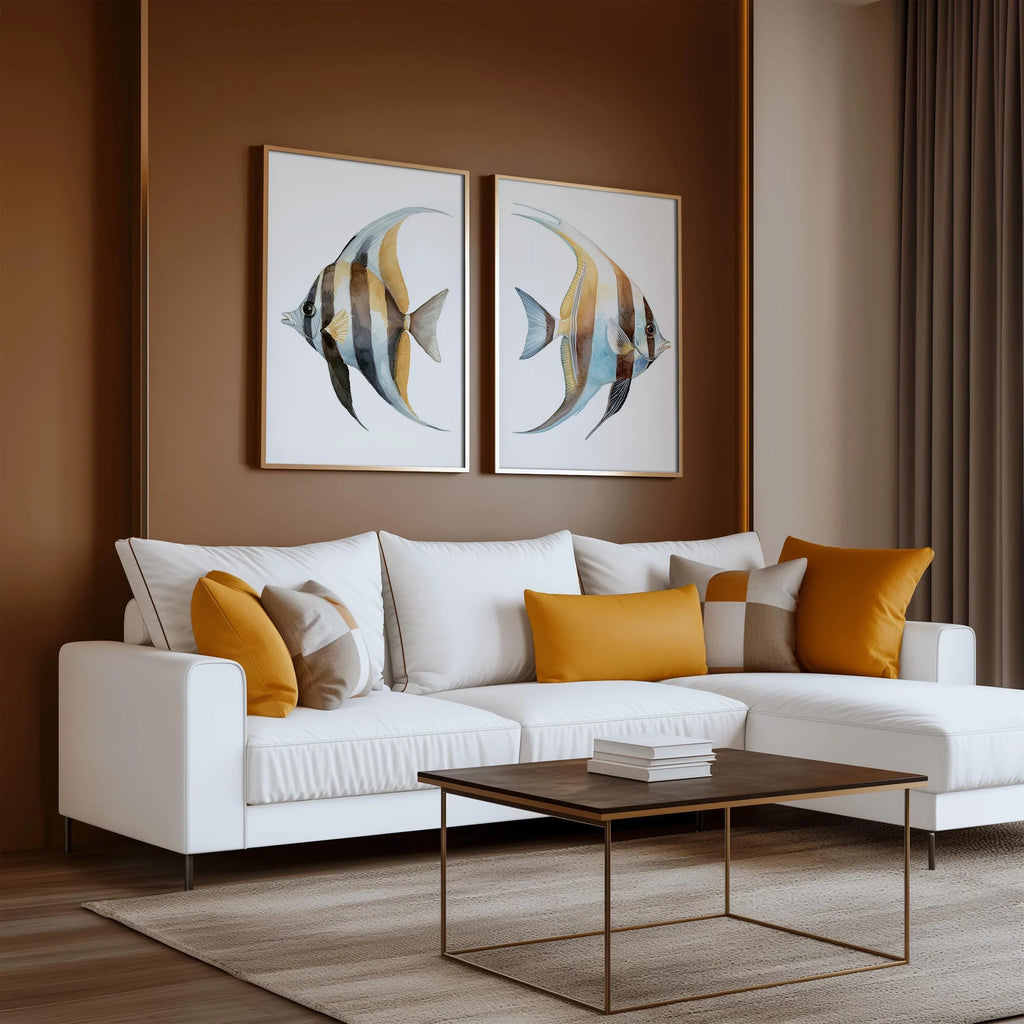 Watercolor tropical fish blue marine wall art set of 2 in natural wood frame 12x18 inch 30x45 cm