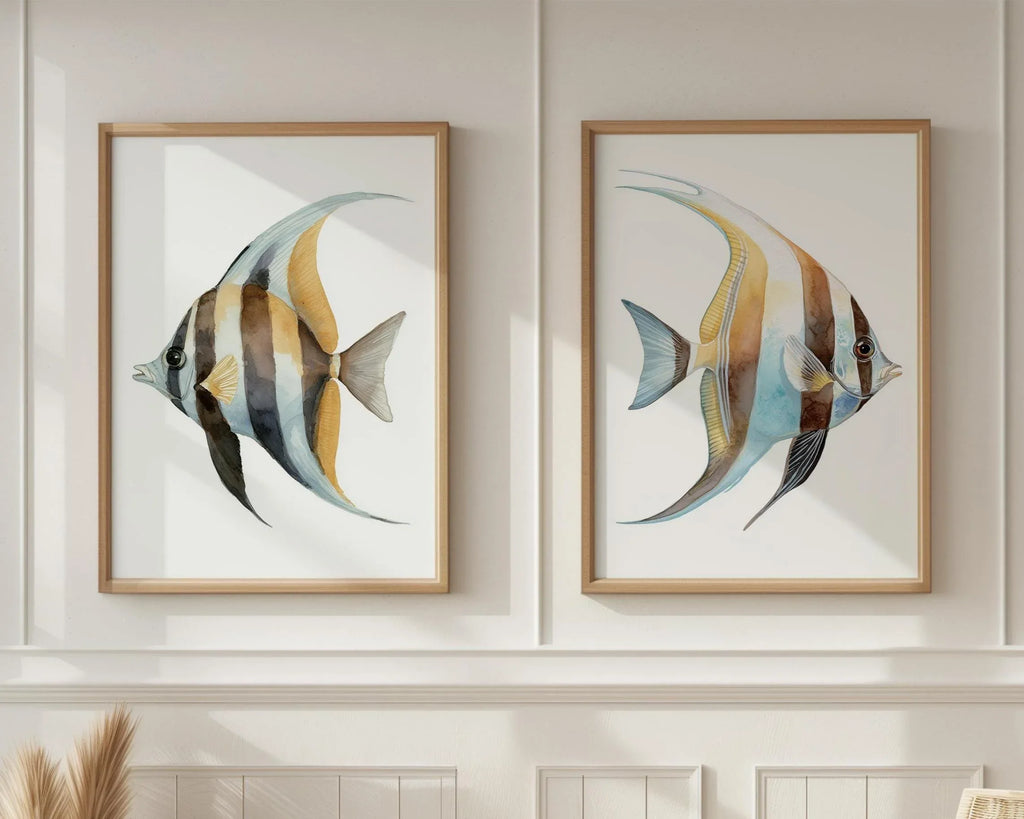 Watercolor tropical fish blue marine wall art set of 2 in natural wood frame 12x12 inch 30x30 cm