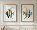 Watercolor tropical fish blue marine wall art set of 2 in natural wood frame 12x12 inch 30x30 cm