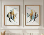 Watercolor tropical fish blue marine wall art set of 2 in natural wood frame 12x12 inch 30x30 cm