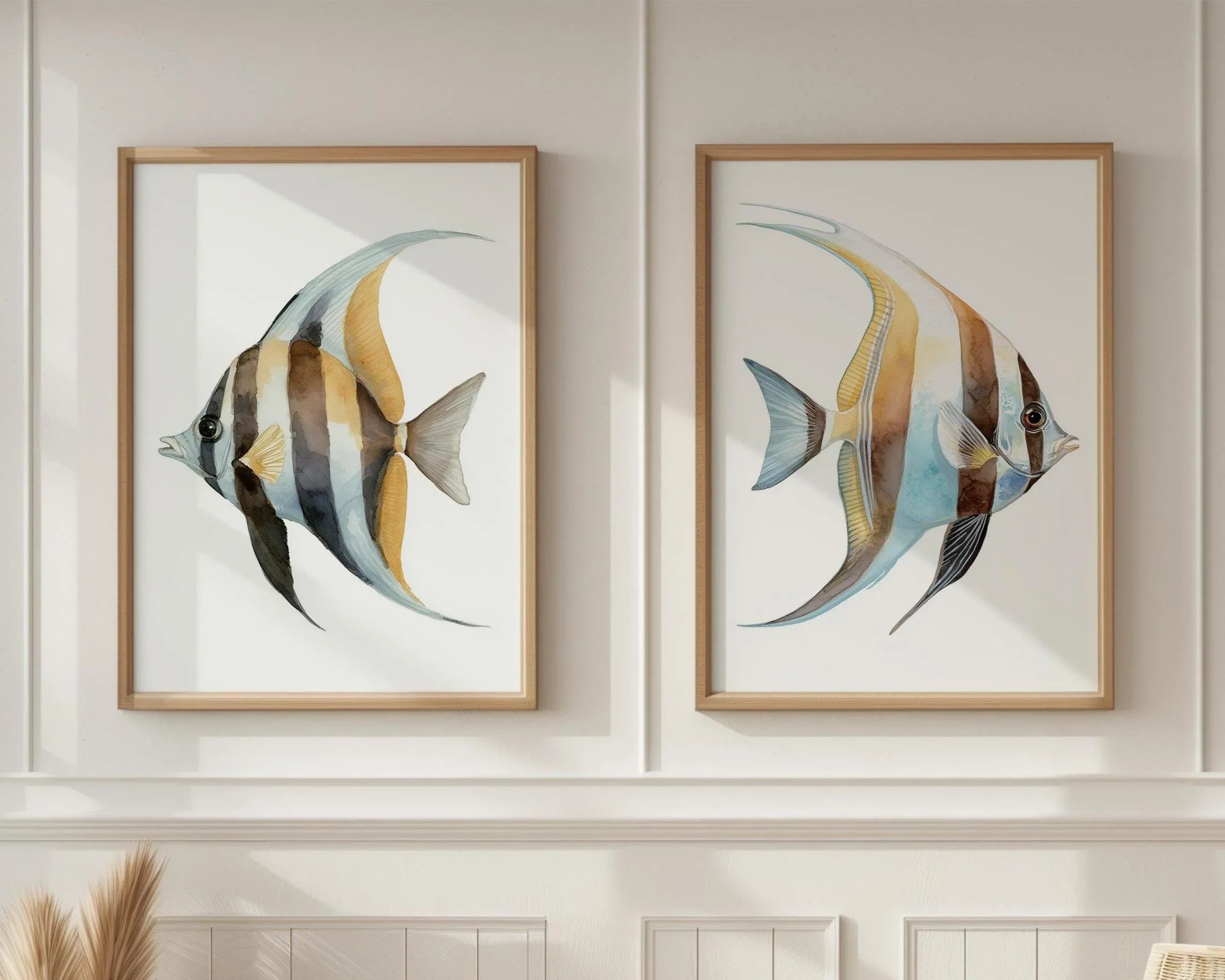 Watercolor tropical fish blue marine wall art set of 2 in natural wood frame 12x12 inch 30x30 cm