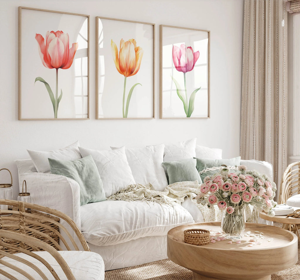 Watercolor tulip painting set of 3 navy blue pink floral bedroom decor in black frame 12x12 inch ...