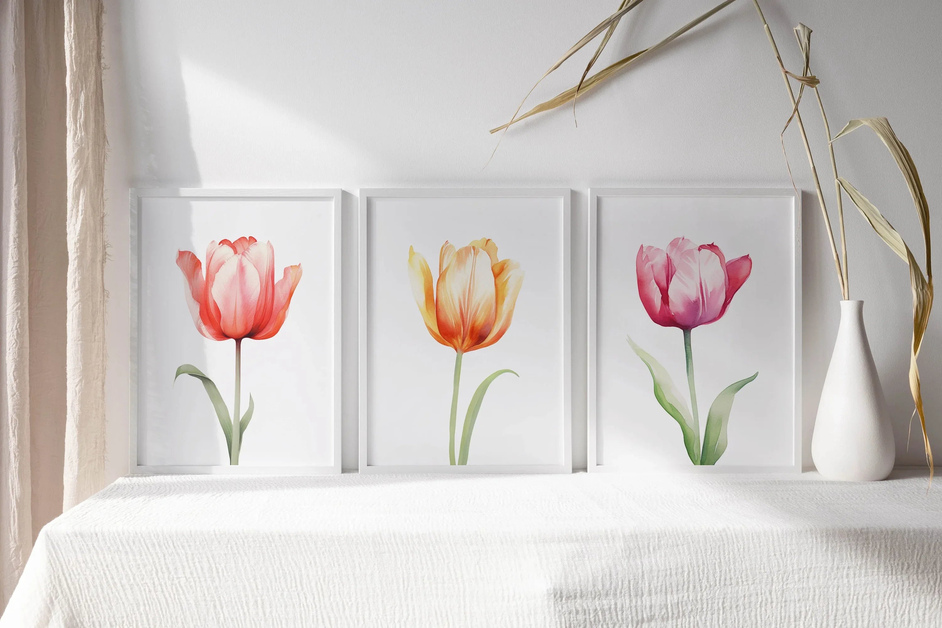 Watercolor tulip painting set of 3 navy blue pink floral bedroom decor in dark wood frame 12x12 i...