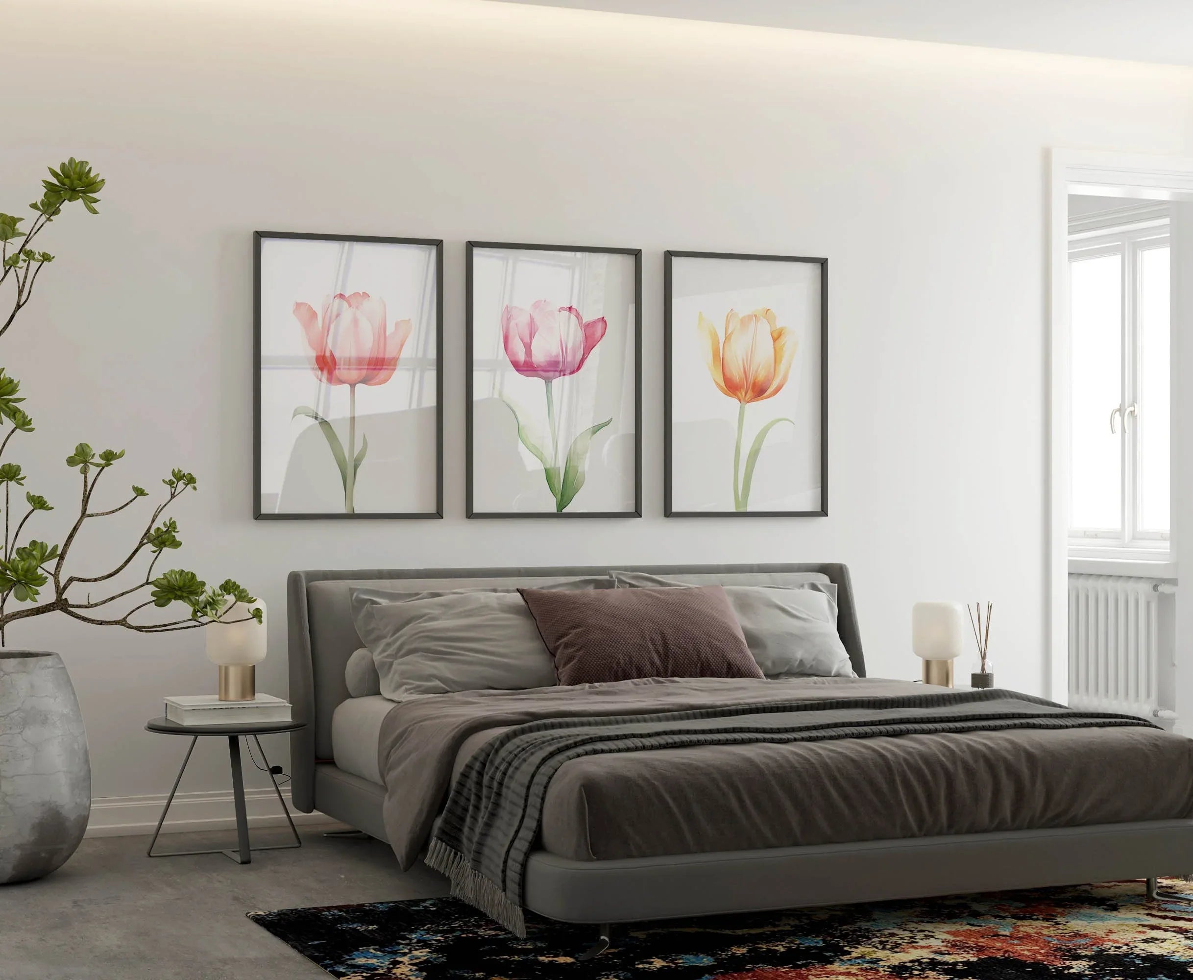 Watercolor tulip painting set of 3 navy blue pink floral bedroom decor unframed 12x12 inch 30x30 cm