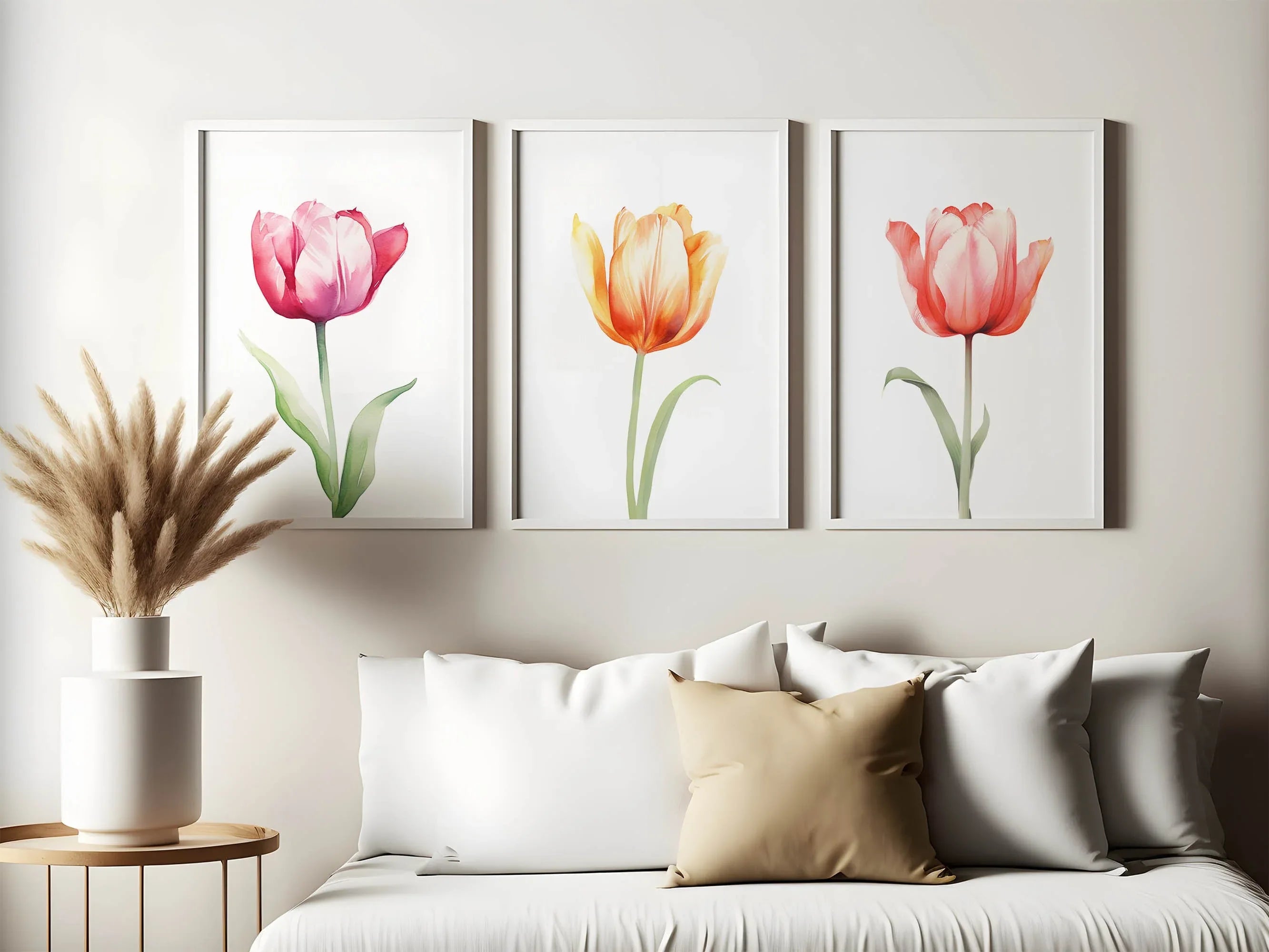 Watercolor tulip painting set of 3 navy blue pink floral bedroom decor in white frame 12x12 inch ...
