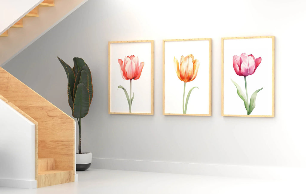 Watercolor tulip painting set of 3 navy blue pink floral bedroom decor in black frame 12x18 inch ...