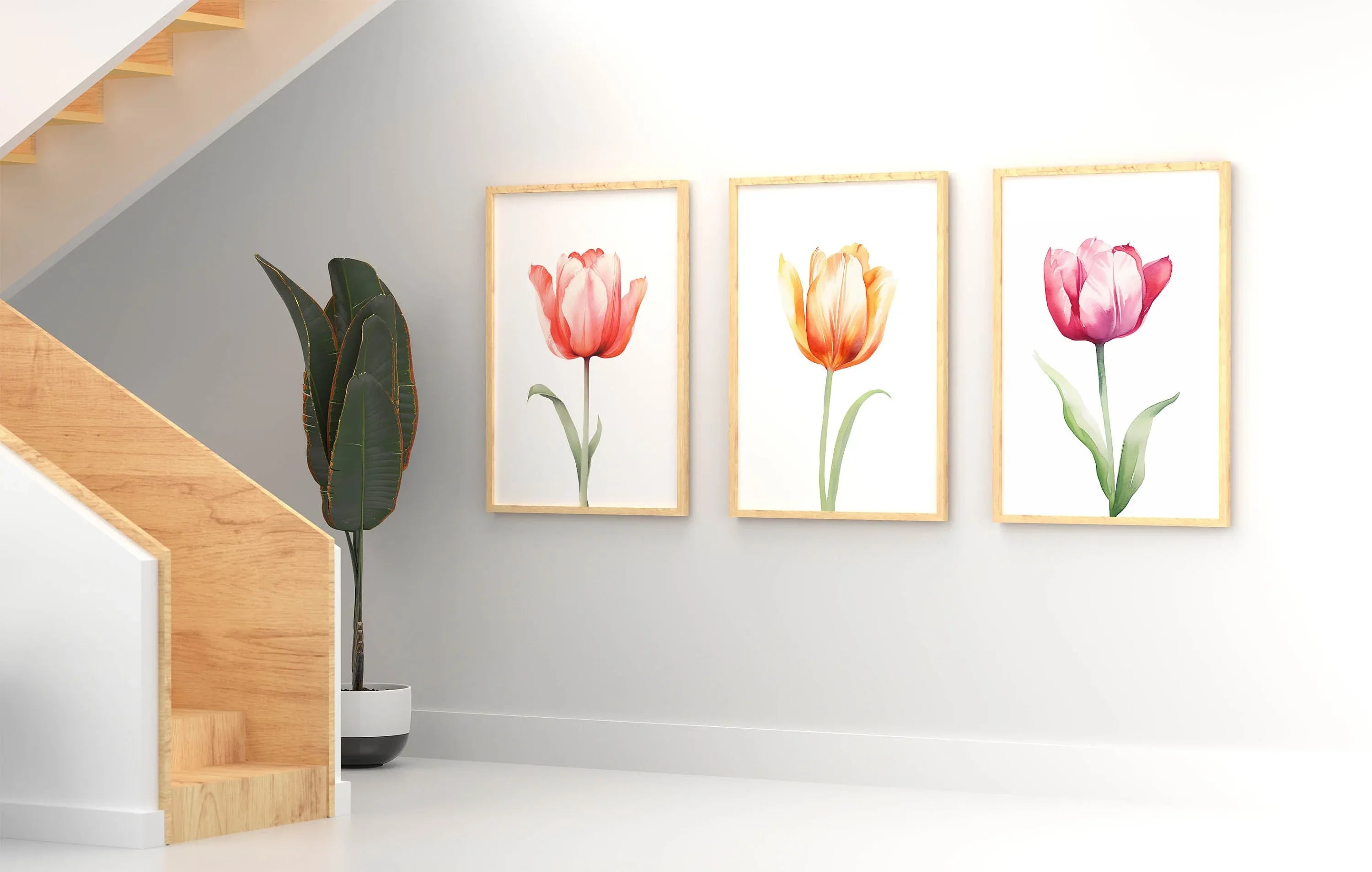 Watercolor tulip painting set of 3 navy blue pink floral bedroom decor in black frame 12x18 inch ...
