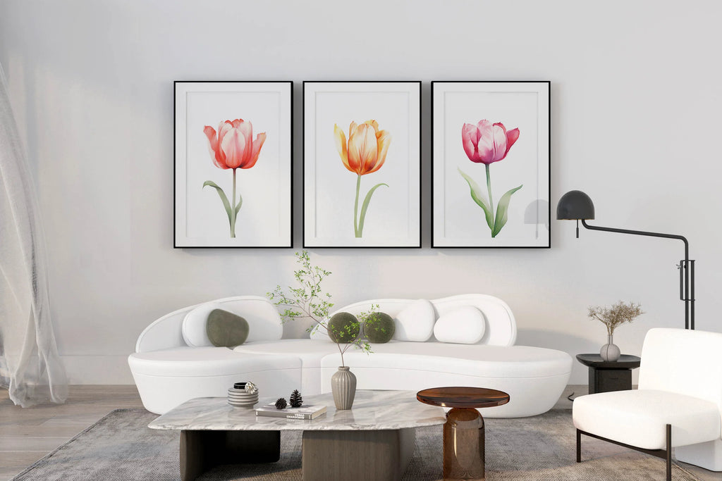 Watercolor tulip painting set of 3 navy blue pink floral bedroom decor in natural wood frame 12x1...