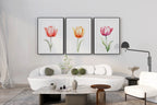 Watercolor tulip painting set of 3 navy blue pink floral bedroom decor in natural wood frame 12x1...