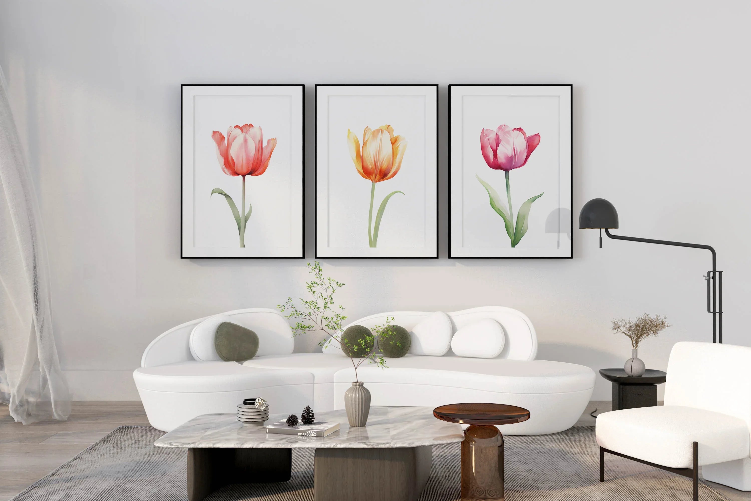 Watercolor tulip painting set of 3 navy blue pink floral bedroom decor in natural wood frame 12x1...