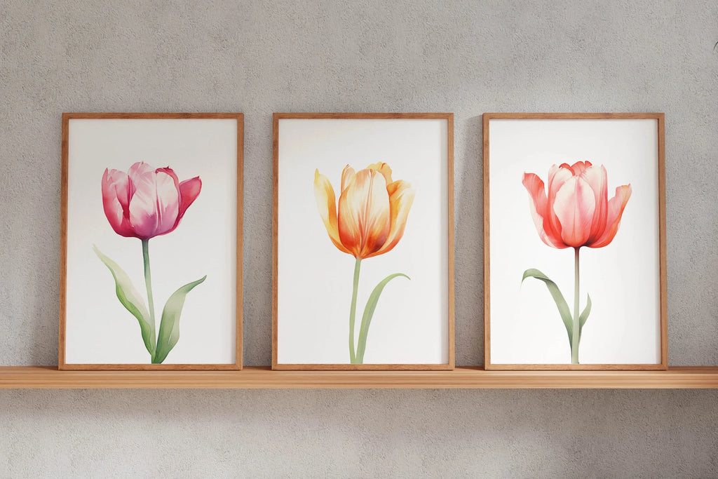 Watercolor tulip painting set of 3 navy blue pink floral bedroom decor unframed 12x18 inch 30x45 cm