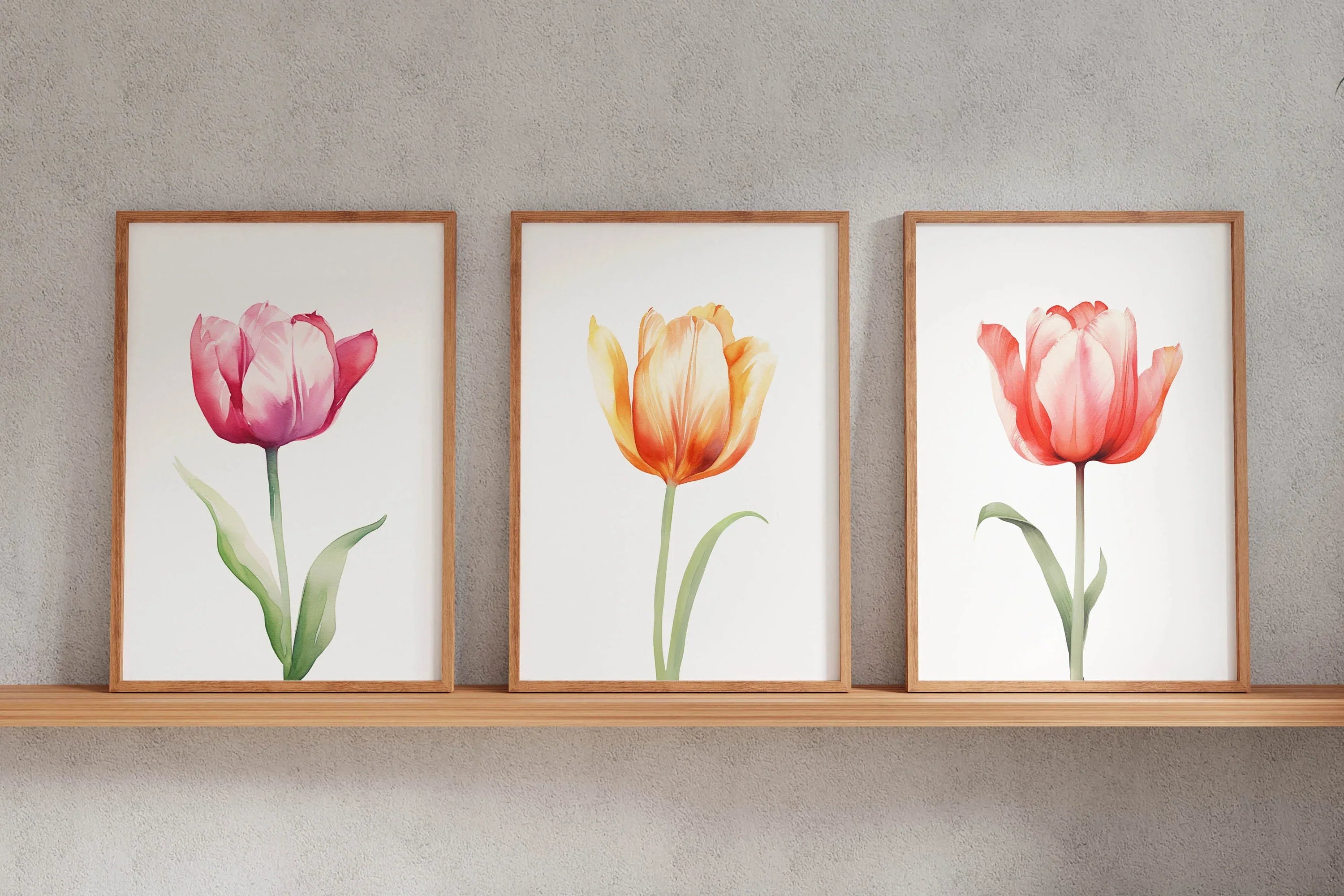 Watercolor tulip painting set of 3 navy blue pink floral bedroom decor unframed 12x18 inch 30x45 cm