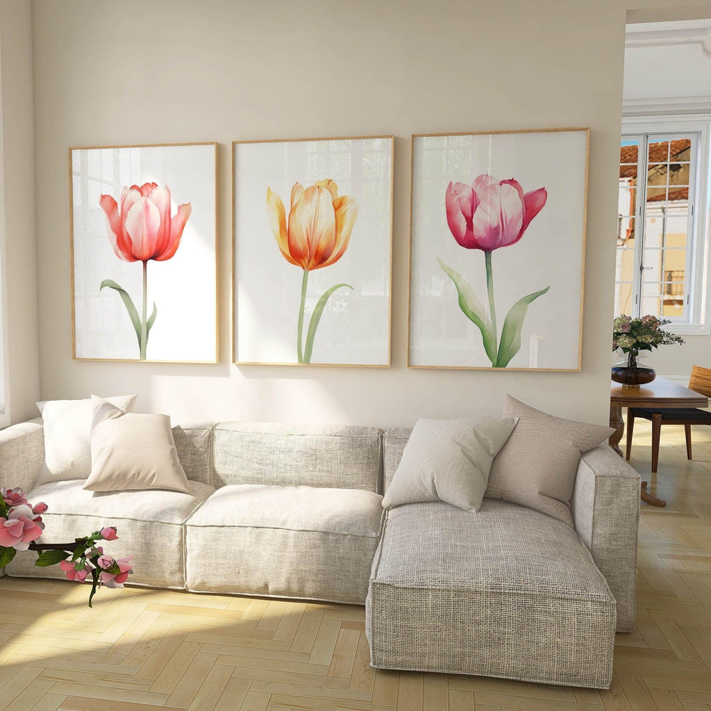 Watercolor tulip painting set of 3 navy blue pink floral bedroom decor in natural wood frame 12x1...