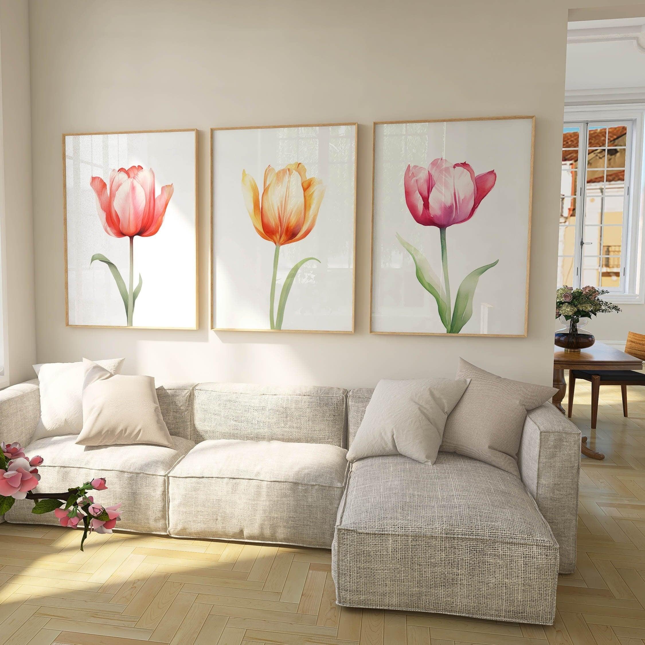 Watercolor tulip painting set of 3 navy blue pink floral bedroom decor in natural wood frame 12x1...