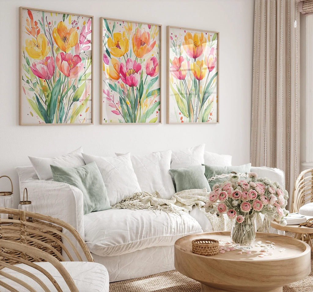 Watercolor tulip yellow pink floral triptych set of 3 wall art in black frame 12x12 inch 30x30 cm