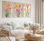 Watercolor tulip yellow pink floral triptych set of 3 wall art in black frame 12x12 inch 30x30 cm