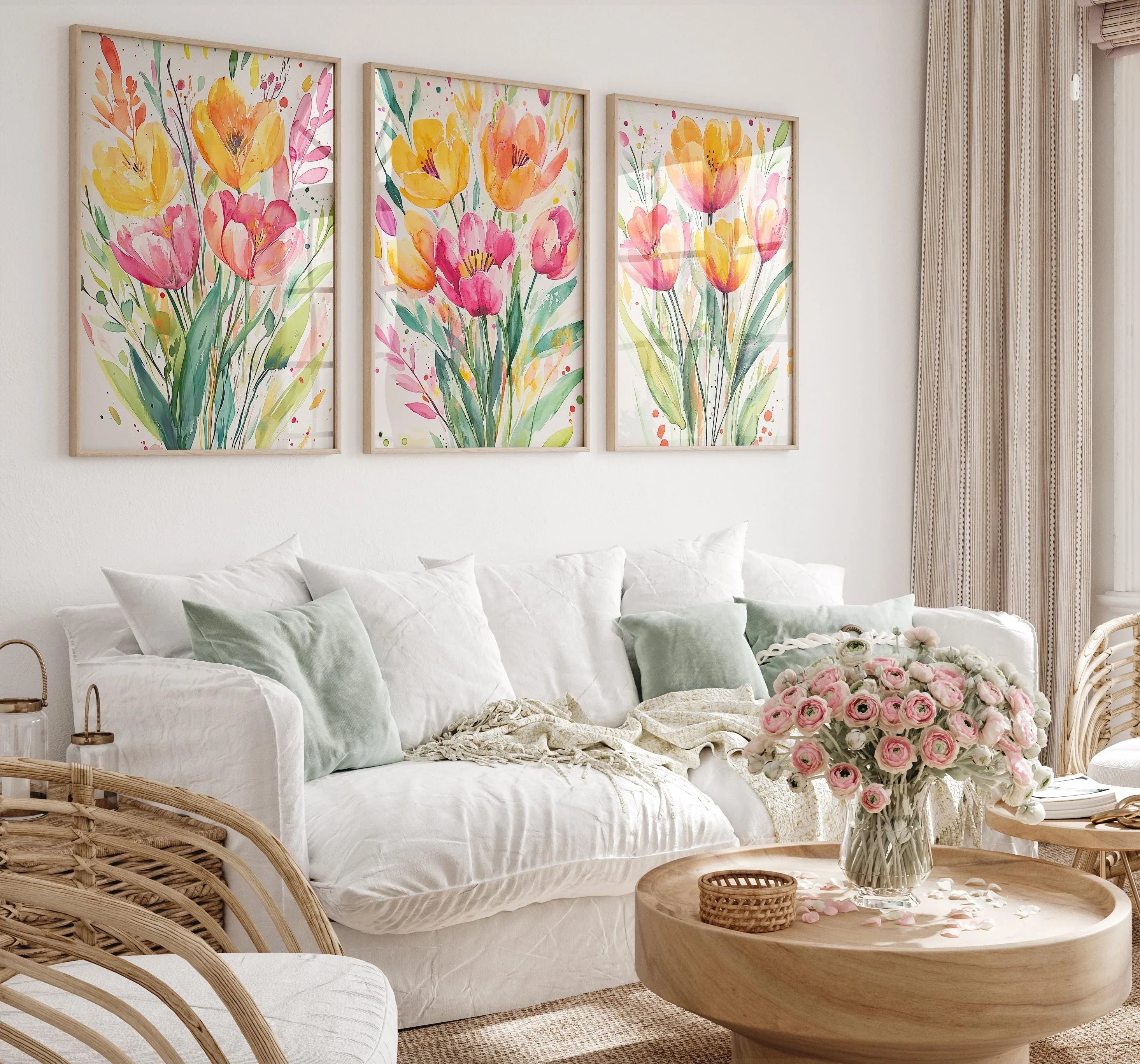 Watercolor tulip yellow pink floral triptych set of 3 wall art in black frame 12x12 inch 30x30 cm