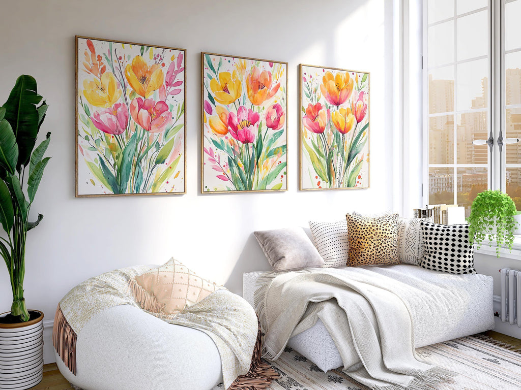 Watercolor tulip yellow pink floral triptych set of 3 wall art in dark wood frame 12x12 inch 30x3...