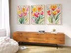 Watercolor tulip yellow pink floral triptych set of 3 wall art in white frame 12x12 inch 30x30 cm