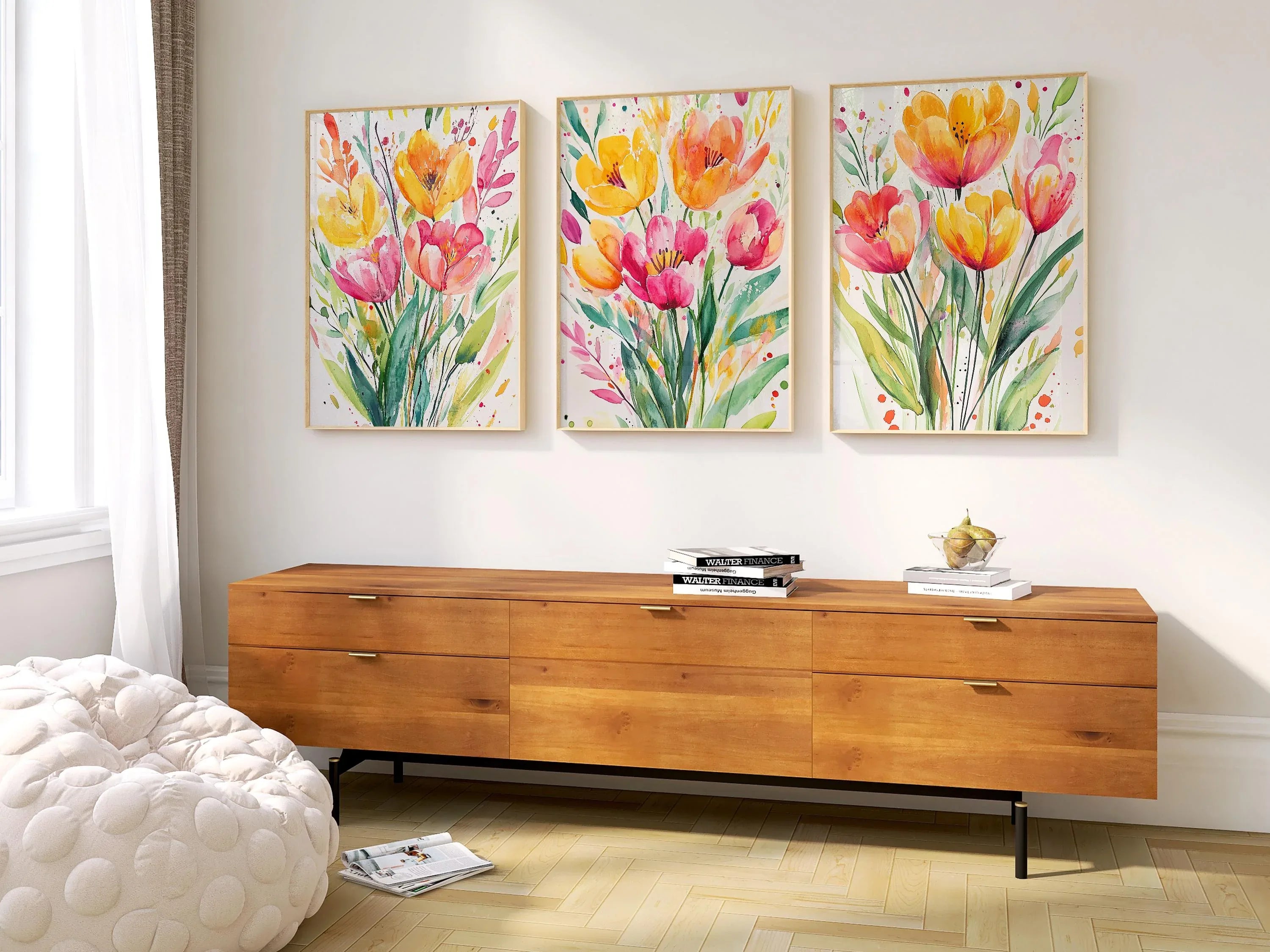 Watercolor tulip yellow pink floral triptych set of 3 wall art in white frame 12x12 inch 30x30 cm