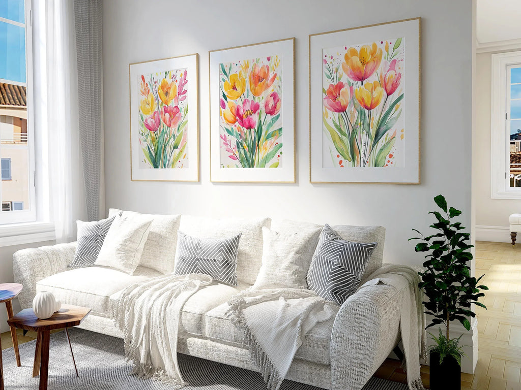 Watercolor tulip yellow pink floral triptych set of 3 wall art in black frame 12x18 inch 30x45 cm