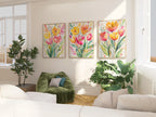 Watercolor tulip yellow pink floral triptych set of 3 wall art in dark wood frame 12x18 inch 30x4...