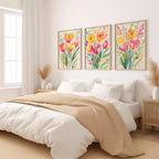 Watercolor tulip yellow pink floral triptych set of 3 wall art in natural wood frame 12x18 inch 3...