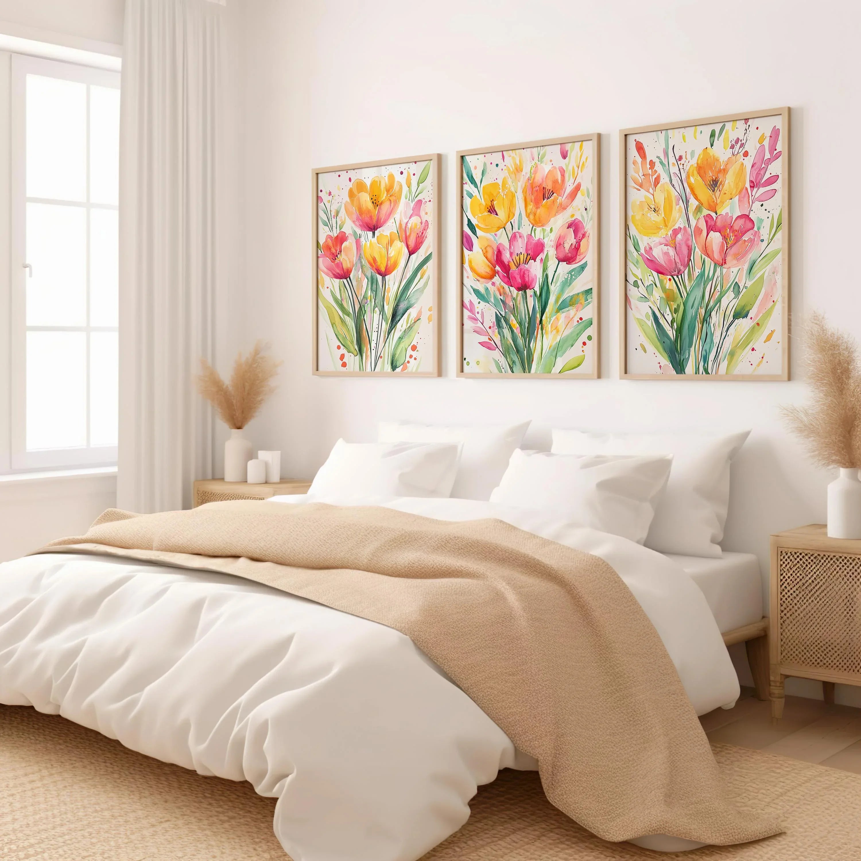 Watercolor tulip yellow pink floral triptych set of 3 wall art in natural wood frame 12x18 inch 3...