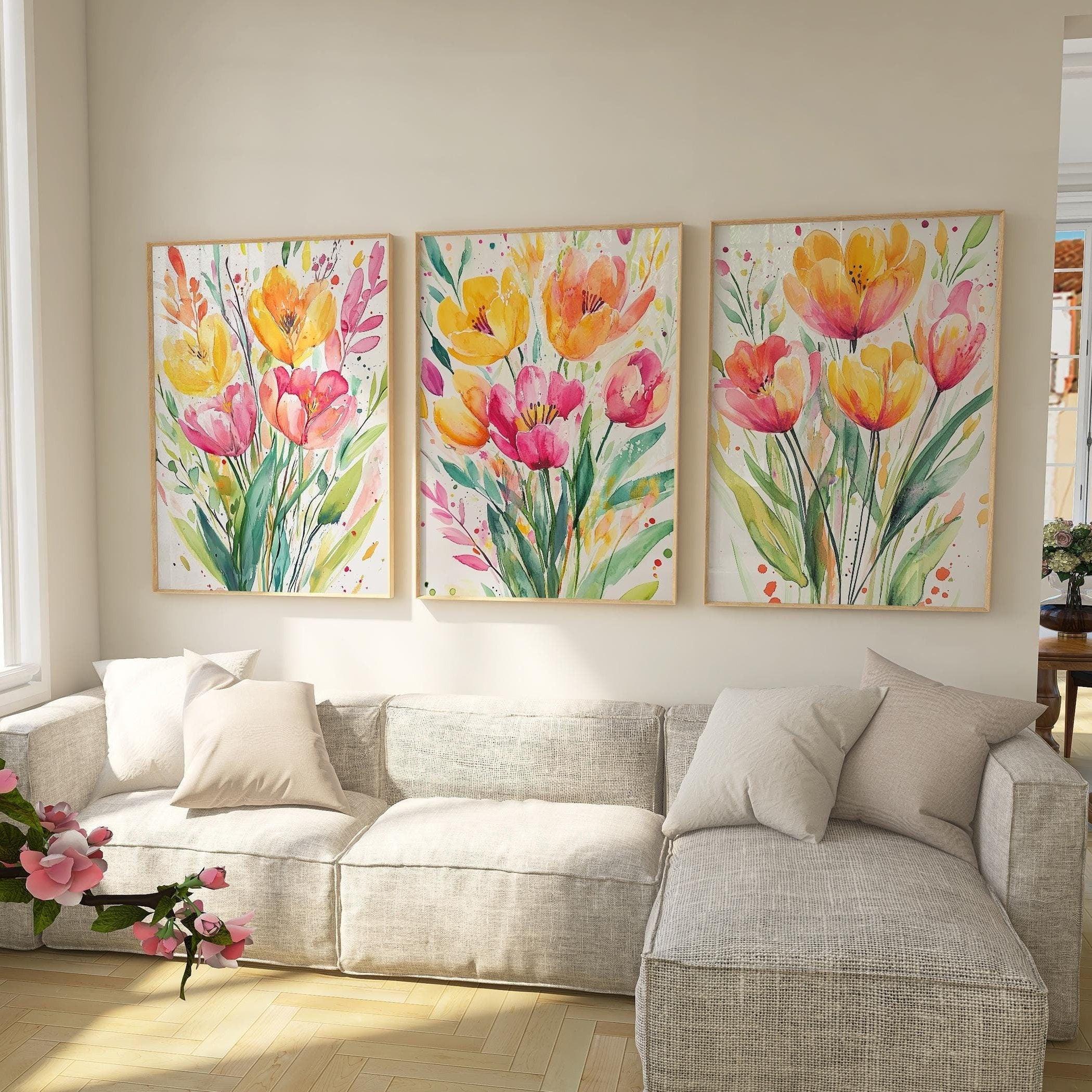 Watercolor tulip yellow pink floral triptych set of 3 wall art in natural wood frame 12x12 inch 3...