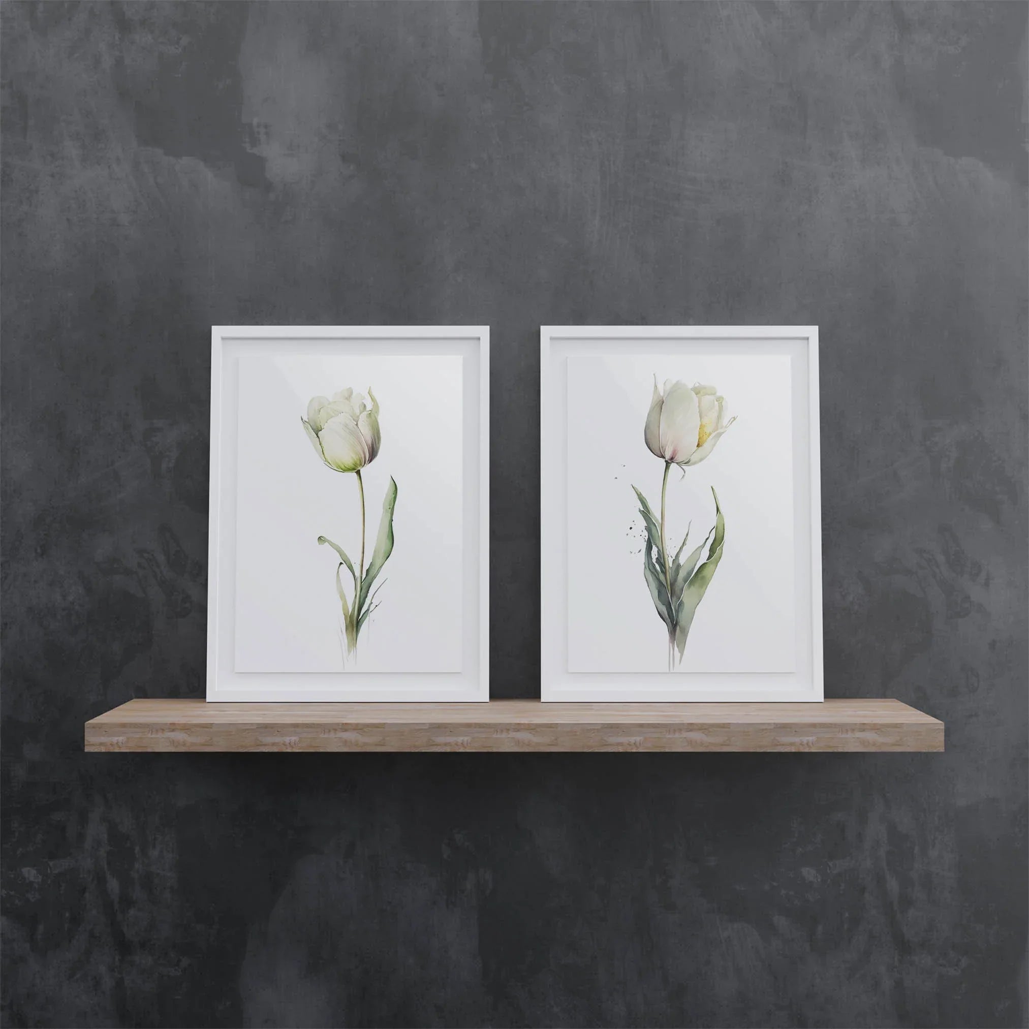 White tulip watercolor painting set of 2 navy cream floral wall art in black frame 12x12 inch 30x...
