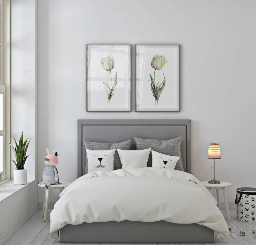 White tulip watercolor painting set of 2 navy cream floral wall art unframed 12x12 inch 30x30 cm