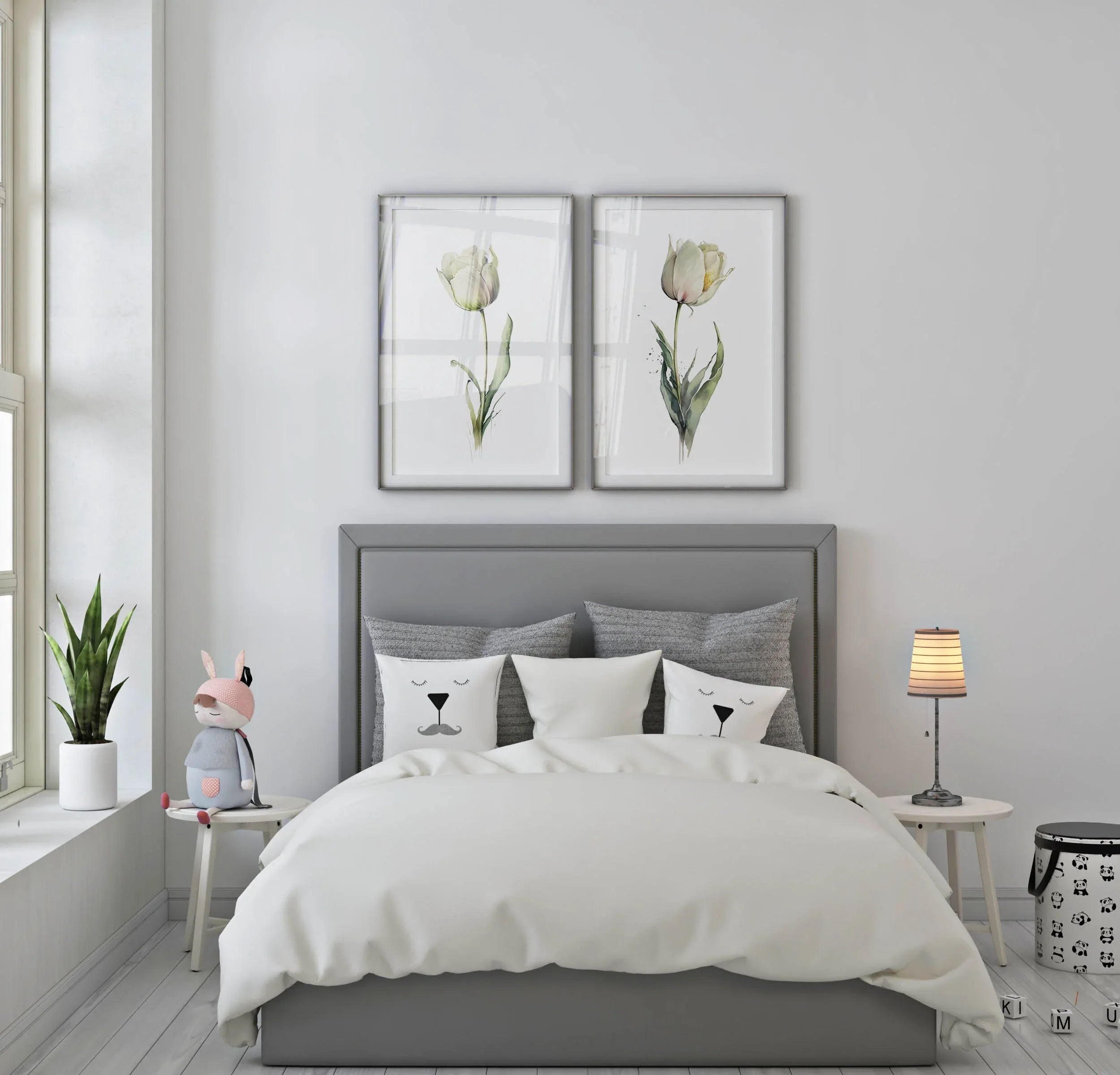 White tulip watercolor painting set of 2 navy cream floral wall art unframed 12x12 inch 30x30 cm