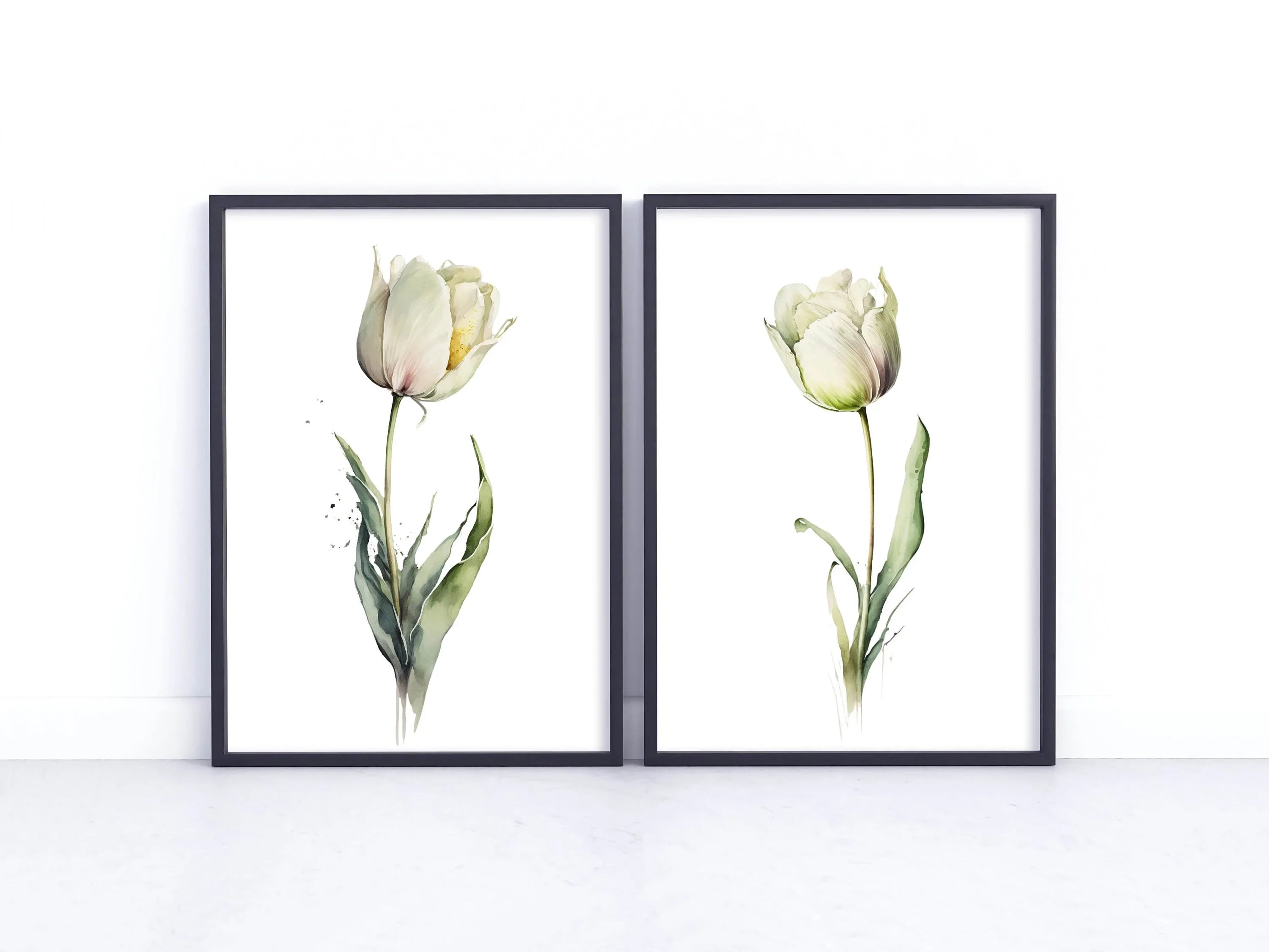 White tulip watercolor painting set of 2 navy cream floral wall art in white frame 12x12 inch 30x...